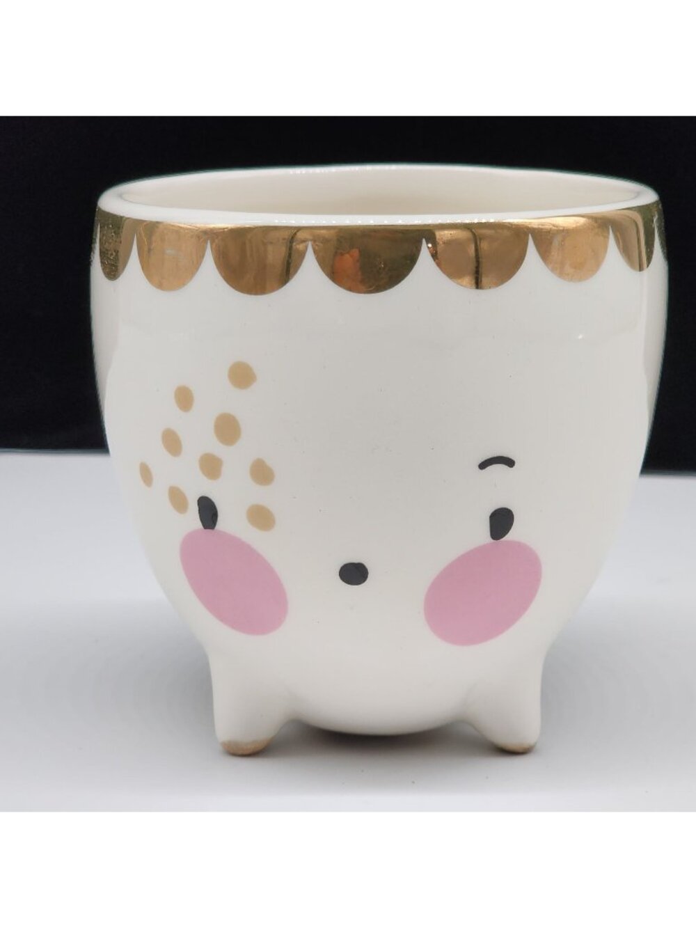 Cute Ceramic Planter With Face Pink Rosy Cheeks Gold Rim Footed Whimsical